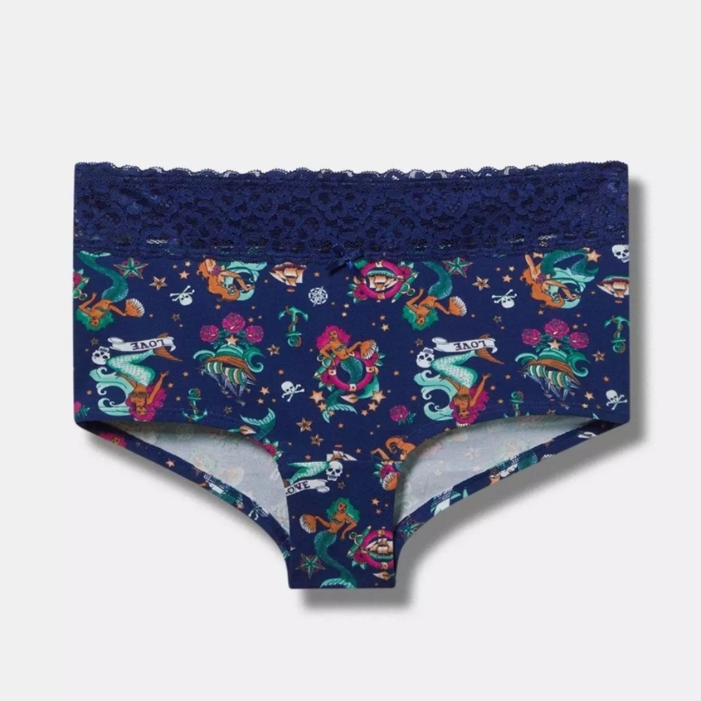 Navy Blue Lace Mermaid Print Cotton Mid-Rise Boyshort Panty - Picture 2 of 4